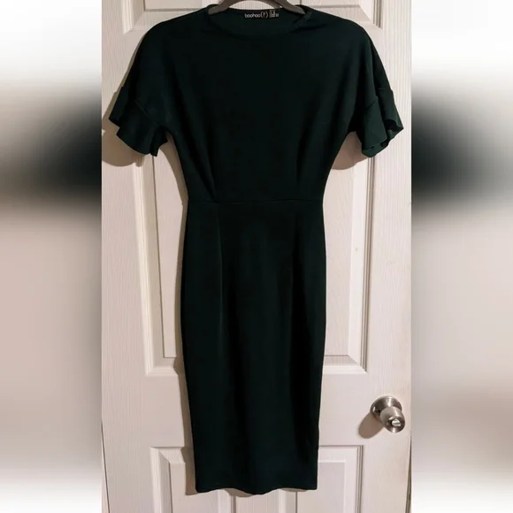 Boohoo | Dresses | Final Price Boohoo Dress Dark Green Stretch Ruffle  Sleeve Midi Fitted Bodycon | Poshmark